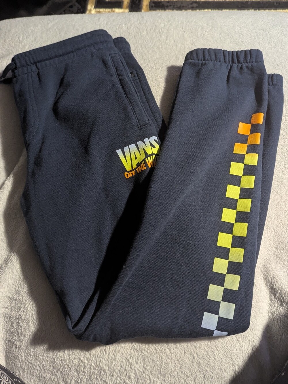 Vans Kids Medium Navy Joggers with Yellow-Orange-Green Gradiant Checkerboard